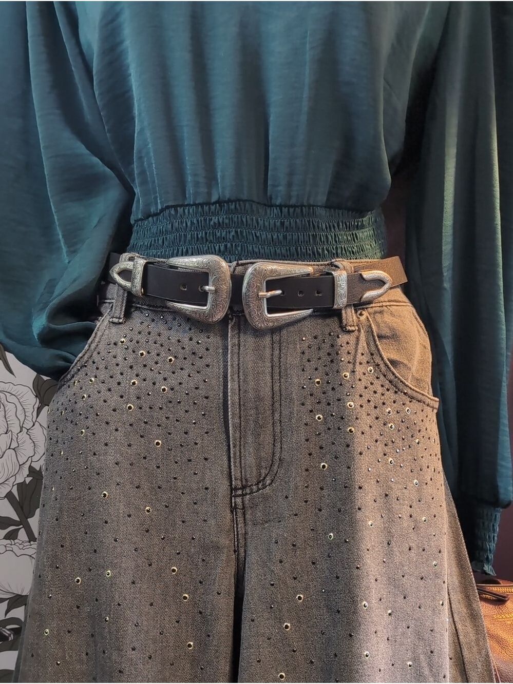 Vanilla Star Gray Wide-Leg Rhinestone Jeans